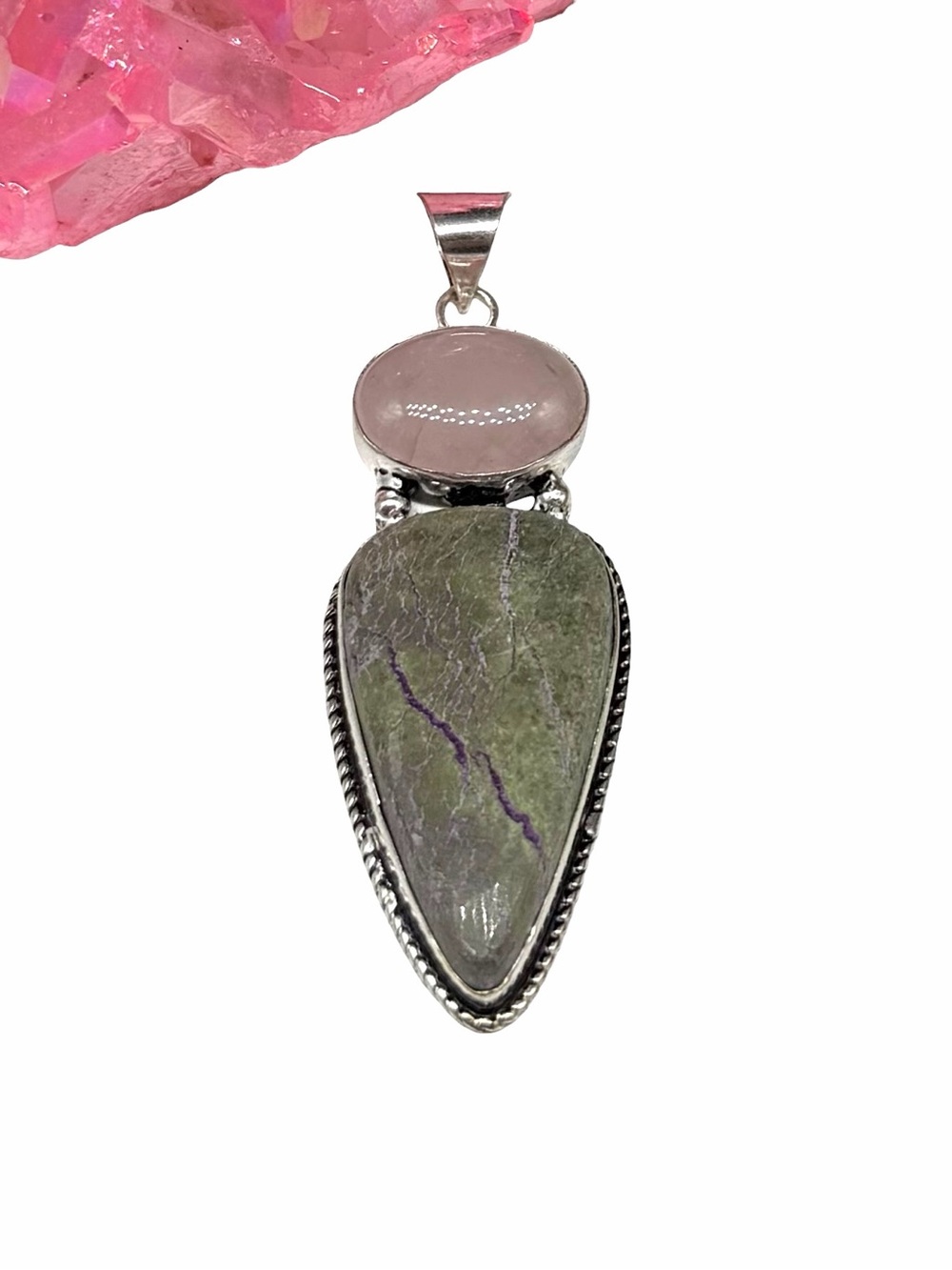 Rose Quartz & Purpurite Necklace Pendant 925 Sterling Silver Overlay
